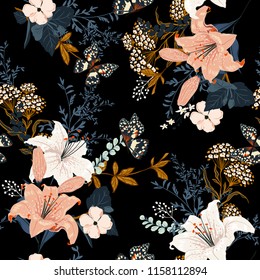 Dark romantic garden flowers in the night ,Full of  blooming lily and many kind of flowers seamless pattern design for fashion,fabric ,wallpaper,and all prints on black background color.