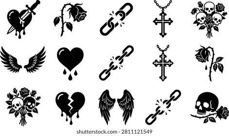 Dark romantic symbols, emo aesthetic art, religious crosses.