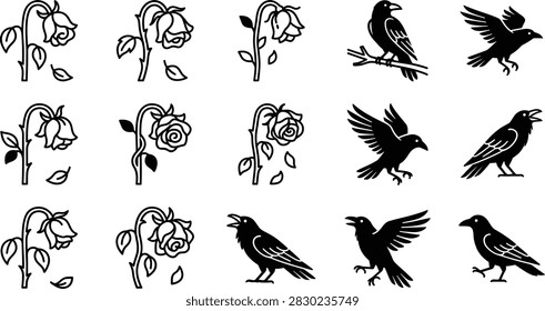 Dark romanticism elements with withered flowers and scavenger birds. Perfect for gothic or melancholic concepts.