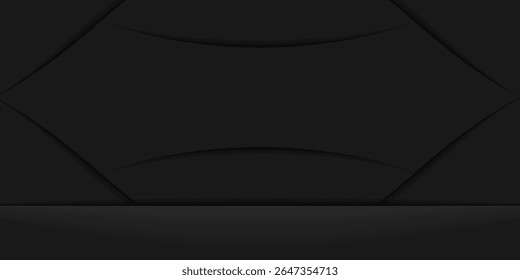 Dark room background with curved shadows and spotlight floor. Ideal for studio, stage, product display, luxury banner, tech presentation, or modern backdrop design.