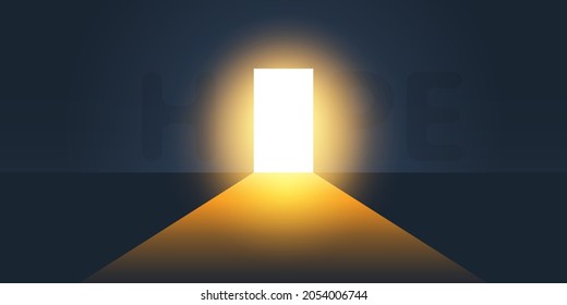 Dark Room, Bright Light Coming In Through an Open Door - New Possibilities, Hope, Overcome Problems, Solution Finding Concept Design