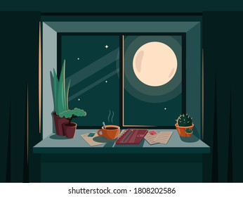 The dark room with bright light of full moon.