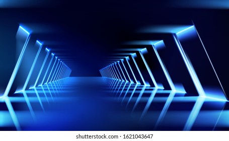 Dark room with brightly lit neon lamps. Illuminated hall. Lighting effects, show. Blue background. Vector illustration.