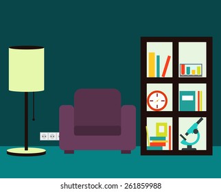 a dark room with a chair
