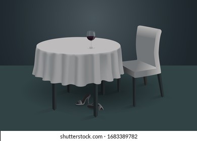 Dark room, a chair, a round table, white tablecloth, a glass of wine on the table, women's sandals under the table. Vector illustration in realistic style