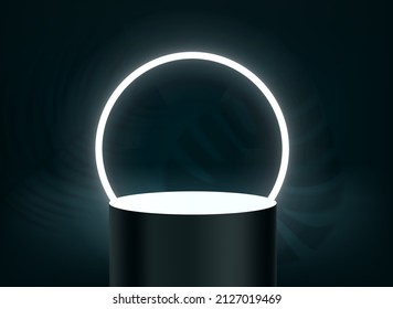 Dark room with clear showcase and shadows of plants and bright white neon