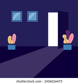 dark room door window plants vector illustration