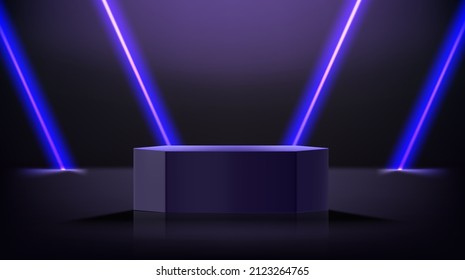 Dark room with glowing neon lamps and podium. 3d vector showcase for display products