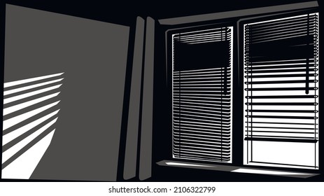 Dark room lit by the moonlight through the blinds on the windows.