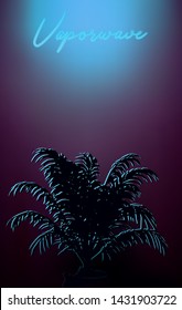 Dark room with palm trees and neon sign. Vaporwave/ synthwave/ retrowave 80s-90s surreal neon aesthetic style vector stylish retrofuturistic illustration.