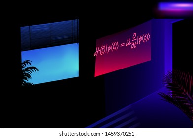 Dark room with palms and neon ultraviolet signboad of Schrodinger Quantum Physics Equation. Vaporwave/ synthwave/ retrowave 80s-90s aesthetic style vector retrofuturistic illustration.