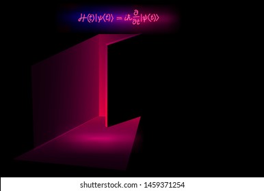 Dark room with palms and neon ultraviolet signboad of Schrodinger Quantum Physics Equation. Vaporwave/ synthwave/ retrowave 80s-90s aesthetic style vector retrofuturistic illustration.