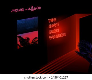 Dark room with palms and neon ultraviolet signboad of Schrodinger Quantum Physics Equation. Vaporwave/ synthwave/ retrowave 80s-90s aesthetic style vector retrofuturistic illustration.