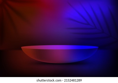 Dark room with podium and shadows of the leaves. 3d vector showcase with copy space