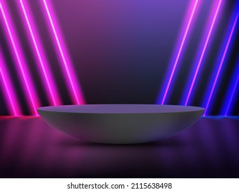 Dark Room With Purple And Blue Diagonal Neon And Podium. 3d Vector Showcase With Copy Space