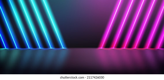 Dark room with purple and blue diagonal neon lights