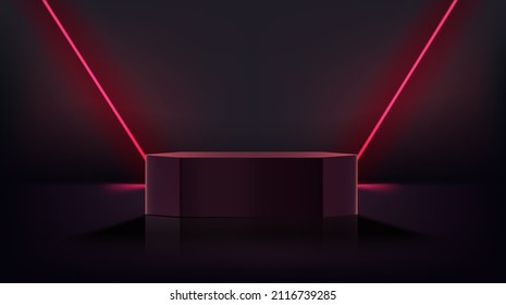 Dunkler Raum mit rotem diagonalem Neonlicht und Podium. 3D-Vektorgrafik mit Kopienraum