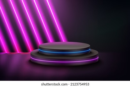 Dark room with vioolet diagonal neon and circle podium. 3d vector showcase with copy space