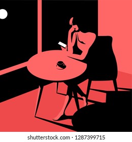 Dark room, window, moon in night sky. Woman sitting at the table with a cup of coffee and smartphone. Vector illustration