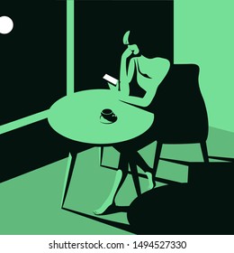 Dunkles Zimmer, Fenster, Mond am Nachthimmel. Frau sitzt mit einer Tasse Kaffee und Smartphone am Tisch. Vektorgrafik