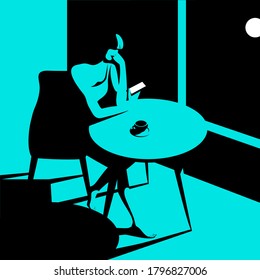 Dark room, window, moon in night sky. Woman sitting at the table with a cup of coffee and smartphone. Vector illustration