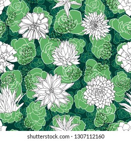 Dark roses or roseum succulents in a garden-like arrangement layered with other succulents drawn in a white cutout paper effect. Vector seamless pattern. Great for fashion, home decor, stationery