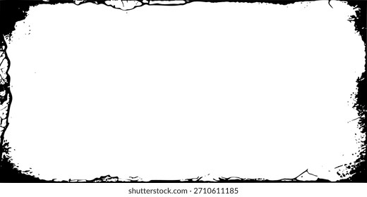 Dunkler, rauer Grunge-Rahmen. Überlagern Textur von Flecken, Flecken, Tinte, Punkte, Spritzer, Staub. Beschädigter Vintage-Hintergrund. Not leidendes, schmutziges künstlerisches Gestaltungselement für Web, Print, Template, Social Media