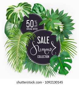 Dark round banners with photo realistic palm leaves and handwriting lettering text Summer, sale, 50 percent off, special offer on a light background. Poster for promotions, magazines, advertising.