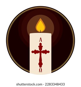 Dark round button with lighted Paschal candle inside it. Religious design in flat style.