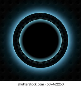 Dark round frame with neon glow.