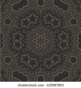 Dark round ornamental background with decorative frame. Retro napkin design in flat and simple style