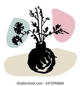 A dark round vase Ikebana with a bouquet of wild flowers, twigs, branches in it. A minimalist black ink retro illustration in the 1960s International Style on a collage style, color block background