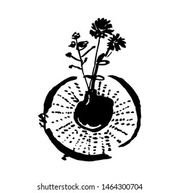 A dark round vase on a crocheted doily with a bouquet of wild flowers, twigs, branches in it. A minimalist black ink retro Ikebana illustration in the 1960s International Style, on a plain background