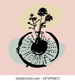 A dark round vase on a crocheted doily with a bouquet of wild flowers, twigs, branches. A minimalist ink retro Ikebana illustration in 1960s International Style on a collage, color block background.