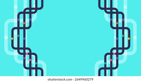Dark rounded lines and colorful nodes form a symmetrical border on a cyan grid background, ideal for presentations, posters, or digital templates.