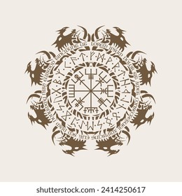 Dark runic Scandinavian symbol with dragon circle and Vegvisir sign for Scandinavian tattoo design isolated on white background