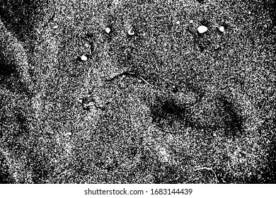 Dark sandy texture, black and white vector abstraction. Beach sand grungy surface with pebbles. Weathered and rough surface with grit and noise. Natural rustic retro texture. Sand paper overlay