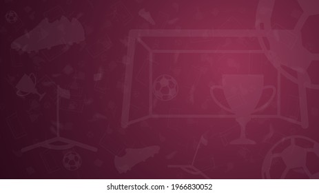 Dark scarlet background with of football elements. Cup, goal, ball, soccer boots, corner flag on back background. Poster for championship. Template 2022. Vector