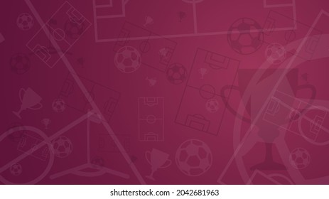 Dark scarlet background with of football elements. Soccer ball, cup, goal, corner flag on back background. Poster for championship. Template 2022. Vector