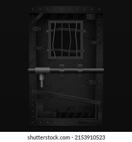 Dark scary door with bars. Black gate locked with powerful bolt with bent steel bars on window door to gloomy dungeon with terrible creatures and content of dangerous vector criminal