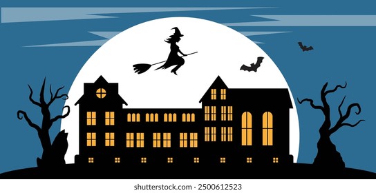 Dark Scary Mansion with Barren Trees and Flying Witch by Moonlight. Seasonal national Halloween holiday concept vector