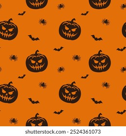 Dark scary pumpkins and bats on orange background seamless pattern