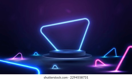 Dark scene with neon blue and pink triangles around