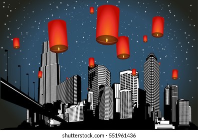 Dark scenery of panorama cityscape placed with flying orange lanterns.