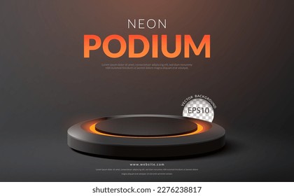 Dark sci fi futuristic cyber stage podium neon orange glowing modern showroom product showcase isolated on black background. Vector illustration