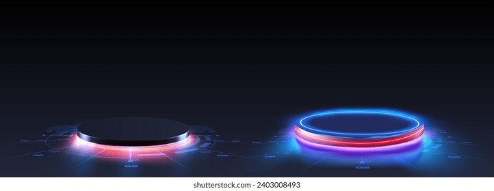 Dark sci fi futuristic cyber stage podium neon blue glowing. Circle portals, teleport, hologram gadget. Blank display, stage or magic portal, podium for show product in futuristic cyberpunk style.