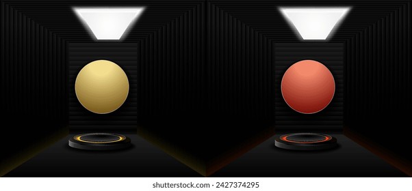 Dark sci fi futuristic cyber stage podium neon red and yellow glowing modern showroom product showcase isolated on black background. Vector illustration