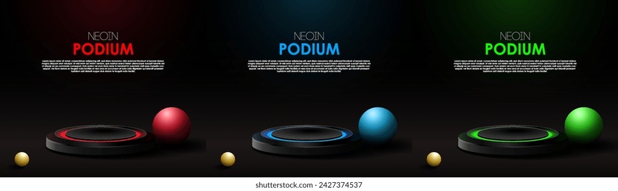 Dark sci fi futuristic cyber stage podium neon red, blue, and green glowing modern showroom product showcase isolated on black background. Vector illustration