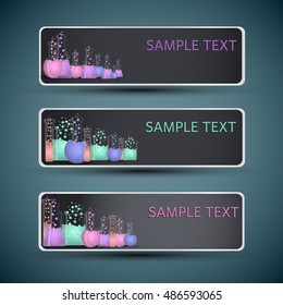 Dark science banners set with tubes with colorful liquid and bubbles isolated on black corners grey background flat vector illustration