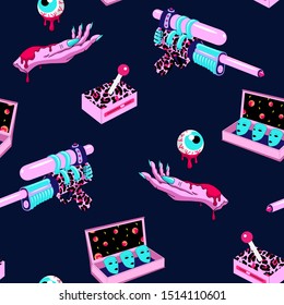 Dark sci-fi, cosmic, outer space vector seamless pattern with monster masks, hands and eyeballs, weapons, etc. Vector wallpaper. 
